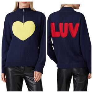 Victor Alfaro | Women’s Heart Graphic Sweater Navy Pullover Quarter Zip Knit S